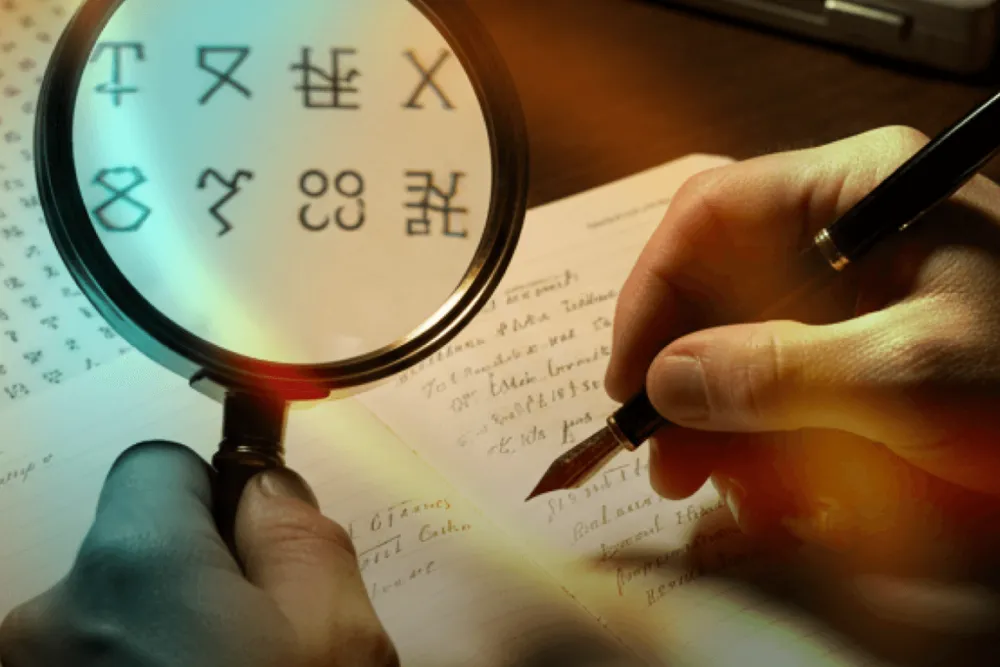Uma lupa sobre um caderno manuscrito, ampliando símbolos que continuam ilegíveis